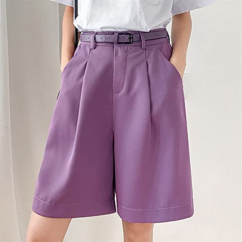 Pantalones cortos de Bermudas para mujer con cinturón de cintura alta pliegues de pliegues delanteros de la pierna de la muchacha estudiantil (Color : Purple, Size : XX-Large)