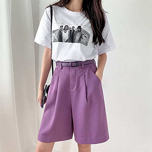 Pantalones cortos de Bermudas para mujer con cinturón de cintura alta pliegues de pliegues delanteros de la pierna de la muchacha estudiantil (Color : Purple, Size : XX-Large)