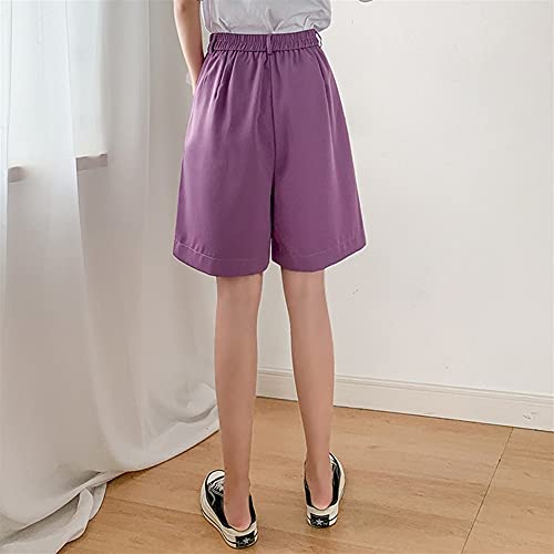 Pantalones cortos de Bermudas para mujer con cinturón de cintura alta pliegues de pliegues delanteros de la pierna de la muchacha estudiantil (Color : Purple, Size : XX-Large)