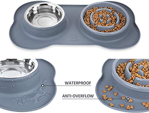 Pecute Comedero Lento para Perros Bol para Gatos Tazón Double para Mascotas Comer Lentamente 3-en-1 de Silicona e Acero Inoxidable y una Base de Silicona Antideslizante (L Gris)