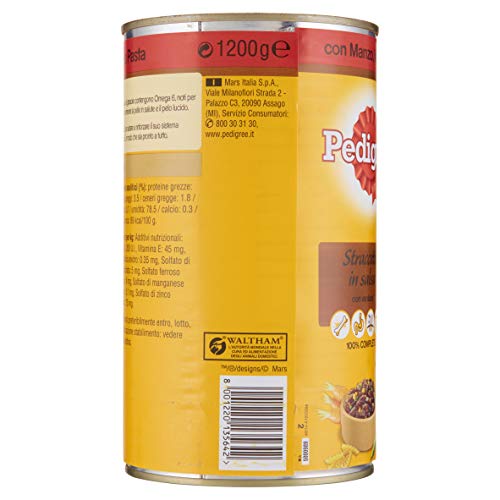 Pedigree Tiras de Salsa con Ternera, Verduras y Pasta en Lata de 1200 g – Alimento para Perro – 12 latas