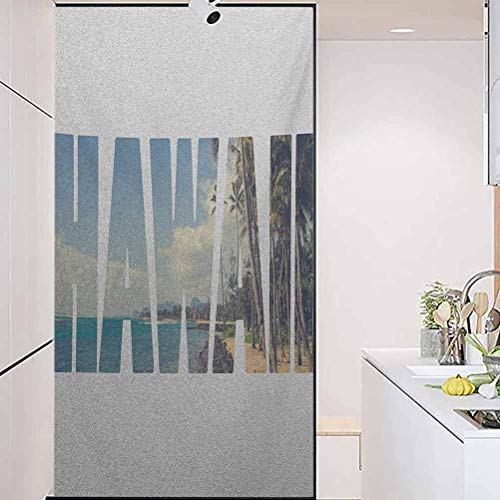 Película de vidrio estática, diseño hawaiano con la palabra hawaiana con foto de la isla tropical, película de vidrio estática para baño, oficina, sala de reuniones, sala de estar, 45 x 89 cm