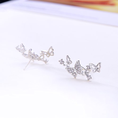 Pendientes de novia QUKE de plata de ley 925 y circonitas con diseño 3D de mariposas estilo «ear cuff»