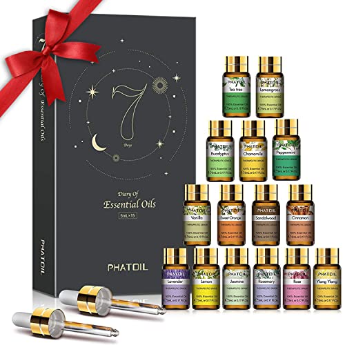 PHATOIL Juego de Aceites Esenciales (15 Piezas 100% Lavanda Pura, Eucalipto, Jazmín, Limoncillo, Naranja Dulce, Sándalo, Menta, Vainilla, Rosa, Limón, Ylang, Manzanilla, árbol de Té, Canela, Romero