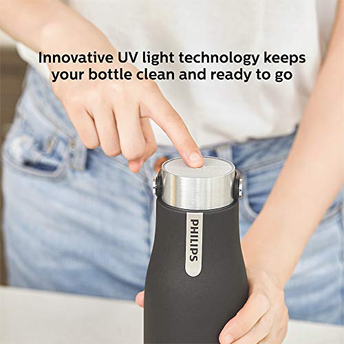 Philips Water GoZero - Botella de agua inteligente con aislamiento UV, de acero inoxidable, con asa de doble pared, limpieza automática, agua fría y caliente, sin BPA, color negro, 20 onzas