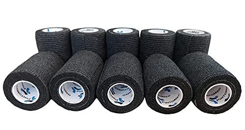 PintoMed - Venda Cohesiva - 10 x NEGRO - 10 rollos x 7,5 cm x 4,5 m autoadhesivo, vendaje flexible, primeros auxilios, lesiones