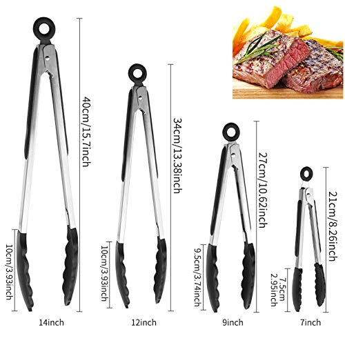 Pinzas de Cocina Juego de 4,Acero Inoxidable de Pinzas de Cocina 7/9/ 12/14in, Mango Resistente al Calor con Puntas de Silicona para Barbacoa Cocina