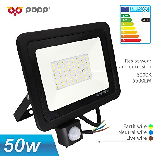 POPP® Foco Proyector LED 50W Exterior con Detector Sensor Movimiento PIR, 5600 lumen, IP65 Impermeable, 6000k Blanco Frío, Ángulo de haz 120°, para Jardín, Garaje, Hotel, Patio, etc.