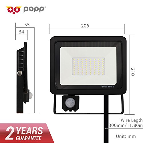 POPP® Foco Proyector LED 50W Exterior con Detector Sensor Movimiento PIR, 5600 lumen, IP65 Impermeable, 6000k Blanco Frío, Ángulo de haz 120°, para Jardín, Garaje, Hotel, Patio, etc.