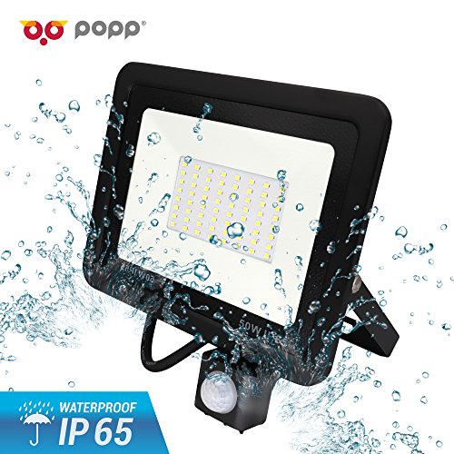 POPP® Foco Proyector LED 50W Exterior con Detector Sensor Movimiento PIR, 5600 lumen, IP65 Impermeable, 6000k Blanco Frío, Ángulo de haz 120°, para Jardín, Garaje, Hotel, Patio, etc.