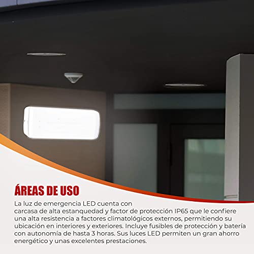 POPP® Luz de Emergencia LED de 6W 300 Lumenes con AUTOTEST. Permanente - No permanente. Luz Fría 6000K. Superficie. Resistente al Fuego (Superficie-300Lúmen, 1 UNIDAD)