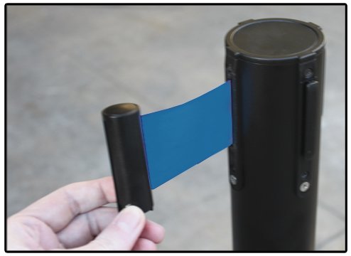 Poste separador de hierro lacado negro con Cinta Extensible Azul 3m. Delimitador de paso con cinta extensible de 3 m. Poste retráctil. (2- Postes cinta extensible)