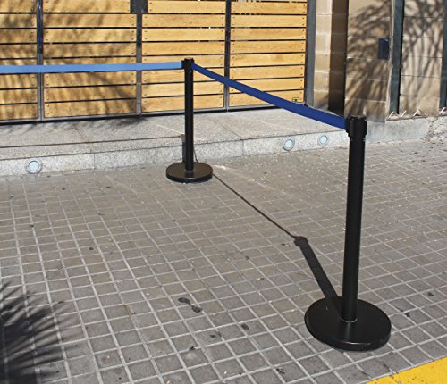 Poste separador de hierro lacado negro con Cinta Extensible Azul 3m. Delimitador de paso con cinta extensible de 3 m. Poste retráctil. (2- Postes cinta extensible)