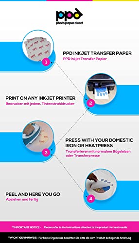 PPD A4 x 20 Hojas de Papel de Transferencia Térmica Para Camisetas, Mascarillas y Tejidos Blancos o Claros - Para Impresora de Inyección de Tinta Inkjet - PPD-1-20