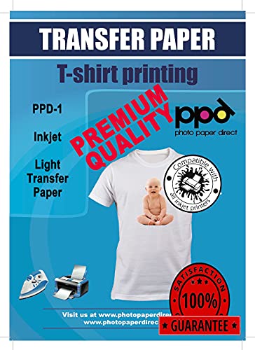 PPD A4 x 20 Hojas de Papel de Transferencia Térmica Para Camisetas, Mascarillas y Tejidos Blancos o Claros - Para Impresora de Inyección de Tinta Inkjet - PPD-1-20