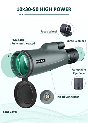 Pristar Monocular 10-30x50 HD Zoom Impermeable Antivaho Telescopio Monoculares Prisma BAK-4 con Trípode y Soporte de Teléfono para Senderismo, Observación de Aves, Caza, Camping, Concierto