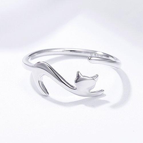 Qings Anillo ajustable de plata de ley 925 para gatos con apertura de gatito, joyería novedosa para mujeres y niñas