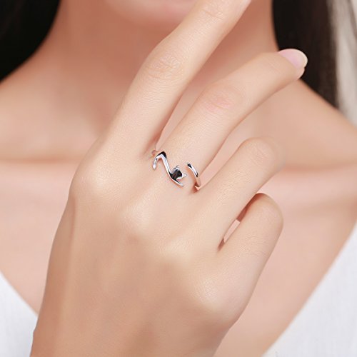 Qings Anillo ajustable de plata de ley 925 para gatos con apertura de gatito, joyería novedosa para mujeres y niñas