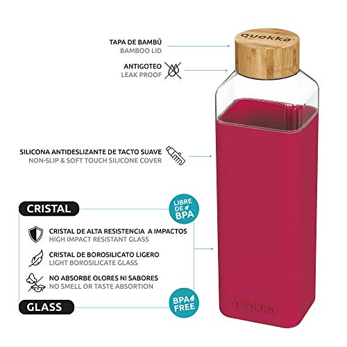 Quokka Storm - Maroon 700 ML | Botella De Agua Cuadrada De Cristal Sin BPA |Botella De Agua Reutilizable De Vidrio De Borosilicato con Funda De Silicona Y Tapón De Bambú