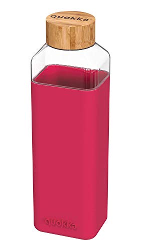 Quokka Storm - Maroon 700 ML | Botella De Agua Cuadrada De Cristal Sin BPA |Botella De Agua Reutilizable De Vidrio De Borosilicato con Funda De Silicona Y Tapón De Bambú