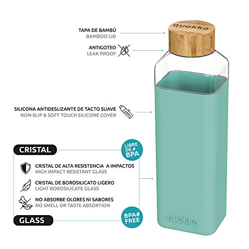 Quokka Storm - Teal 700 ML | Botella De Agua Cuadrada De Cristal Sin BPA |Botella De Agua Reutilizable De Vidrio De Borosilicato con Funda De Silicona Y Tapón De Bambú