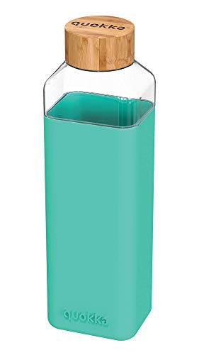 Quokka Storm - Teal 700 ML | Botella De Agua Cuadrada De Cristal Sin BPA |Botella De Agua Reutilizable De Vidrio De Borosilicato con Funda De Silicona Y Tapón De Bambú