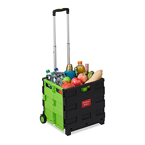 Relaxdays Carrito Compra Plegable, 2 Ruedas, Caja Transporte, hasta 35 kg, 98 x 45,5 x 37 cm, Plástico-Aluminio, Verde