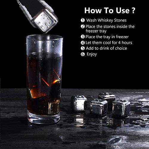 Reusable Stainless Steel Whiskey Stones or Ice Cubes, Set of 8 Ice Cubes with Silicone Tip Tongs and Storage Tray for Wine, Beverage, Juice or Soda.