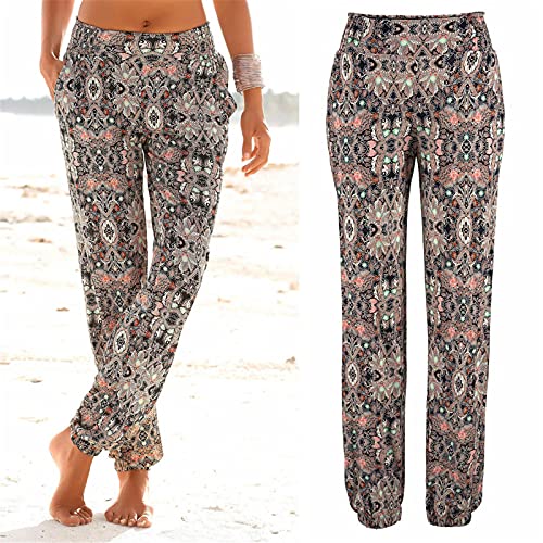 riou Pantalones Mujer Cintura Alta Boho Verano con Estampado Pants de harén, Pantalones de Playa Casuales fluidos Hippie Danza Pilates Yoga Pants