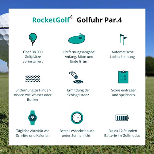 RocketGolf Reloj de golf Par.4 GPS, telémetro sencillo y sencillo, función de golf, 38.000 + campos de golf, distancia de obstáculos, podómetro, actualizaciones gratuitas