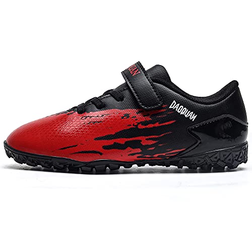 Rokiemen Zapatillas de Fútbol Niño FG/TF Profesionales Aire Libre Atletismo Calzado de Entrenamiento Antideslizante y Resistente al Desgaste Negro/Rojo 30