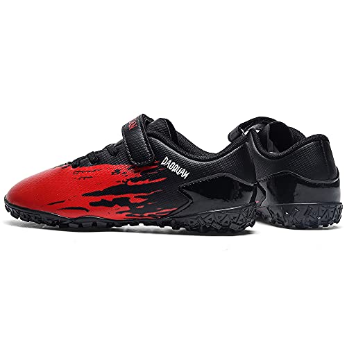 Rokiemen Zapatillas de Fútbol Niño FG/TF Profesionales Aire Libre Atletismo Calzado de Entrenamiento Antideslizante y Resistente al Desgaste Negro/Rojo 30