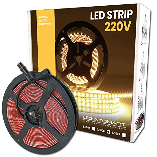 Rollo de 5 metros de Tira de Luz LED Directa a 220v. Color Blanco Neutro (4500K). Impermeable. Corte cada 10cm.