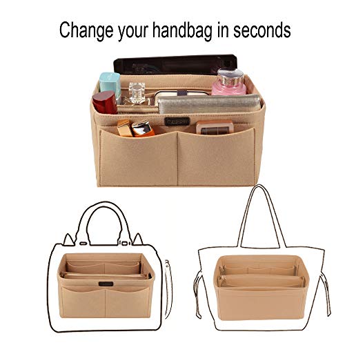 Ropch Bolso Organizador de Fieltro, Organizadores de Bolso Fieltro Bolsa en Bolsa Organizador Bolso Insertar con Bolsa de Cremallera Desmontable y Llavero (Beige, M)