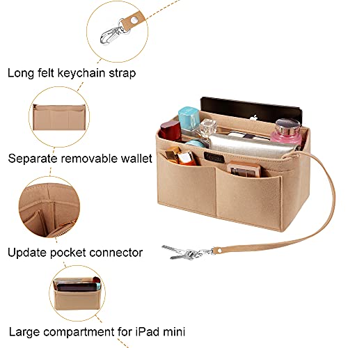 Ropch Bolso Organizador de Fieltro, Organizadores de Bolso Fieltro Bolsa en Bolsa Organizador Bolso Insertar con Bolsa de Cremallera Desmontable y Llavero (Beige, M)