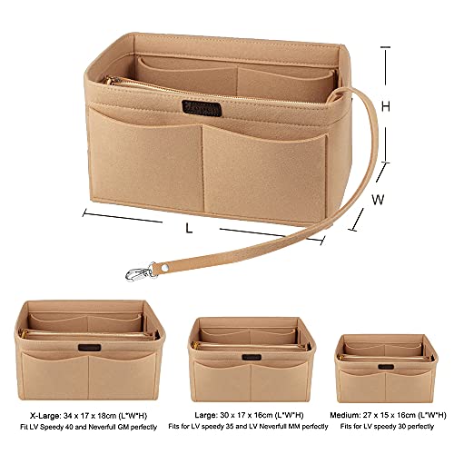 Ropch Bolso Organizador de Fieltro, Organizadores de Bolso Fieltro Bolsa en Bolsa Organizador Bolso Insertar con Bolsa de Cremallera Desmontable y Llavero (Beige, M)