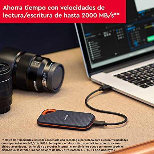 SanDisk Extreme PRO SSD portátil de 2 TB - NVMe, USB-C, cifrado por hardware, hasta 2000MB/s, resistente al agua y al polvo