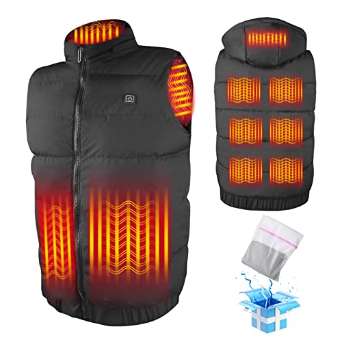 Sholov Chaleco Calefactable para Hombres y Mujeres con Capucha Desmontable, Chaleco Térmico Eléctrico USB de 9 Zonas con 3 Modo de Temp, Chaqueta Calefactada Moto para Uso en Exteriores fríos (2XL)