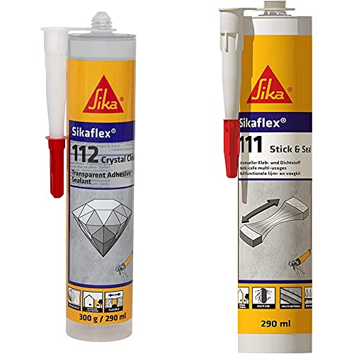 Sika flex-112 Crystal Clear, Sellador Transparente Multiuso + flex-111 Stick & Seal, Gris, Adhesivo Y Sellador Flexible, Masilla Multiuso,Juntas Interiores Y Exteriores, 290Ml