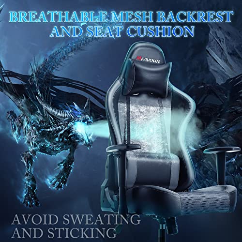 Silla Gaming, mfavour Sillas Gamer Transpirable Sillas para Gaming Ergonómica con Reposacabezas y Almohada Lumbar, Silla de Juego con Reposabrazos Ajustables, Inclinación del Respaldo 165 °, Gris