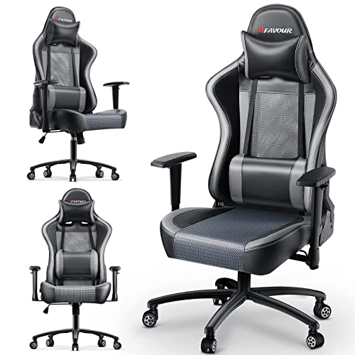 Silla Gaming, mfavour Sillas Gamer Transpirable Sillas para Gaming Ergonómica con Reposacabezas y Almohada Lumbar, Silla de Juego con Reposabrazos Ajustables, Inclinación del Respaldo 165 °, Gris