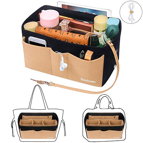 Simboom Bolso Organizador de Fieltro, Organizador Bolsos de Mujer con Bolsa de Desmontable y Llavero (Negro y Beige, L)