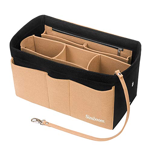 Simboom Bolso Organizador de Fieltro, Organizador Bolsos de Mujer con Bolsa de Desmontable y Llavero (Negro y Beige, L)