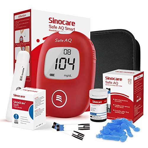 Sinocare Medidor de Glucosa en Sangre, Kit de Prueba de Glucosa en Sangre, 25 x Tiras de Prueba de Glucosa en Sangre y Dispositivo de Punción - mg/dL (Safe AQ Smart)