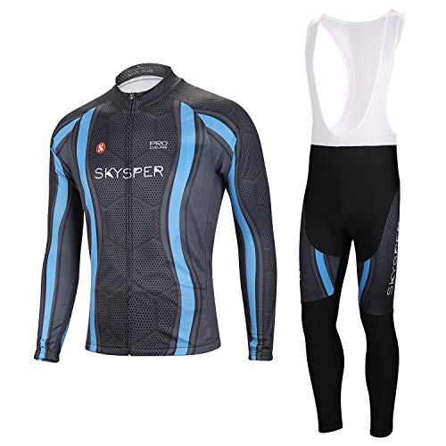 SKYSPER Maillot Ciclismo Hombres Jersey Mangas Largas Pantalones Largos Culotte de Ciclismo Conjunto de Ropa Maillot Entretiempo Invierno para Deportes al Aire Libre Ciclo Bicicleta