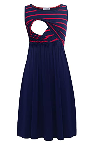 Smallshow Mujer Vestido de Lactancia de Maternidad, en Capas, con Bolsillos Navy Wine Stripe-Navy Large