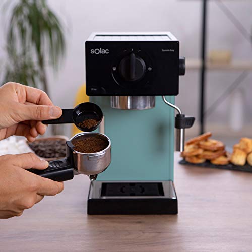 Solac CE4504 Squissita Easy Blue - Cafetera espresso, 20 bar, Double Cream, Espresso y Cappuccino, 1050 W, Portafiltros 1 ó 2 cafés, Monodosis/molido, Vaporizador de acero inoxidable, 1.5 l, Azul