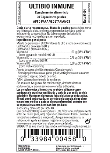 Solgar Ultibio Inmune, Apoyo Del Sistema Inmunológico, Cápsulas Vegetales, Multicolor, 30 Unidad