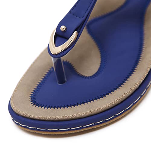 SOMIC Sandalia Playa Bohemia Mujer Adulta Verano Casual Tacón Plano Zapato Tira Elástica Filp Flop Chancleta Calzado Antideslizante de Fondo Suave Cuero Goma Ligero Azul Talla EU 37 (CN 38)