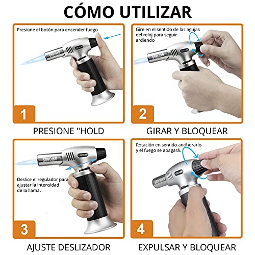 Sondiko Soplete De Cocina, Profesional Antorcha Butano Encendedor, Recargable Mini Culinario Soplete con Cerradura de Seguridad & Llama Ajustable para barbacóa Brulée Crema Cámping (Gas No Incluido)